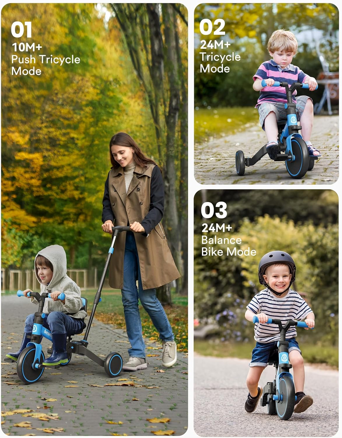 besrey Folding Toddler Tricycle-to-Balance Bike with Push Handle - Blue - image 3