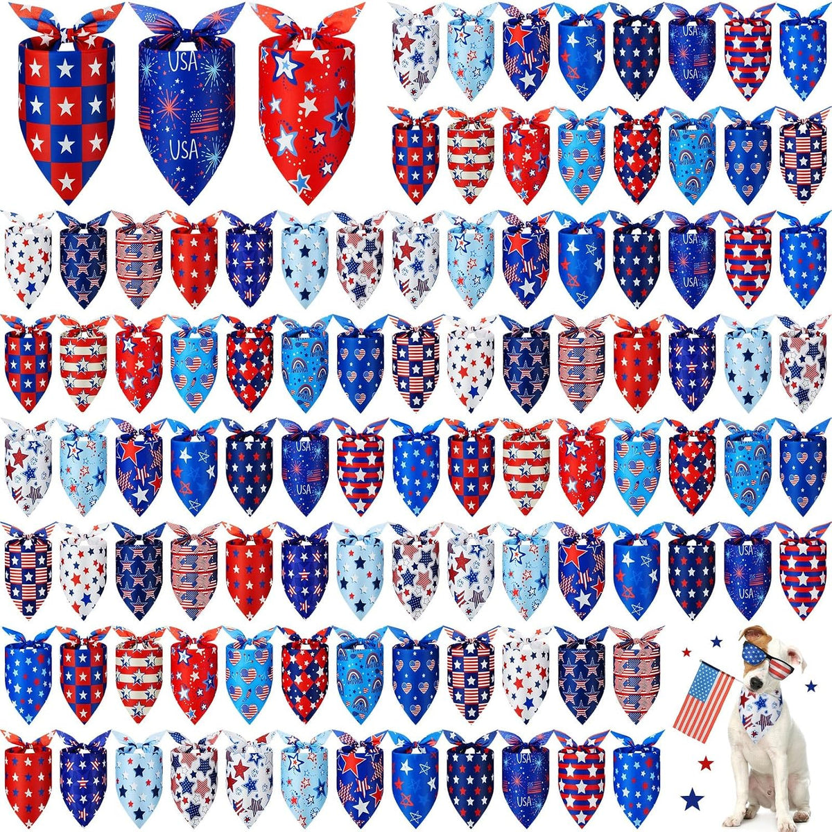 Preboun 100 Pcs Fall Paw Print Dog Bandanas Bulk - 4th of July / 25.6 x 17.7 x 17.7 Inch