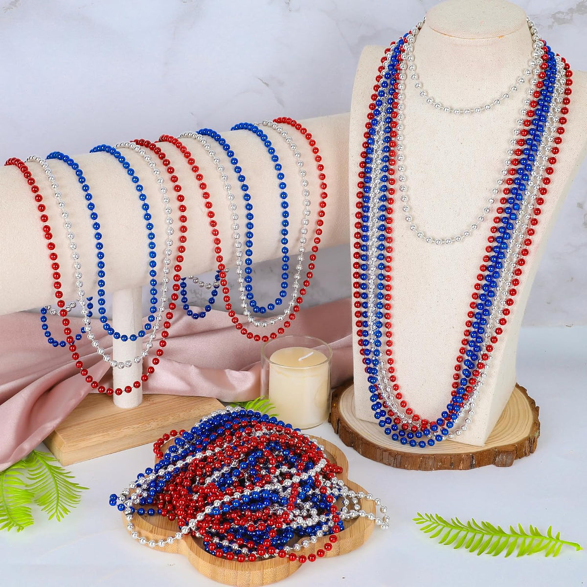 Huskein Bead Necklace, 33" Colorful Mardi Gras Beads Necklaces - Red White Blue / 12 - image 4