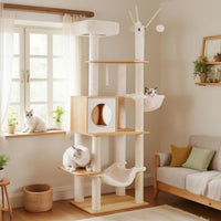 Hey-brother Wooden Cat Tree Tower with Rattan Condo - 21.7"×15.7"×66.1" / Walnut