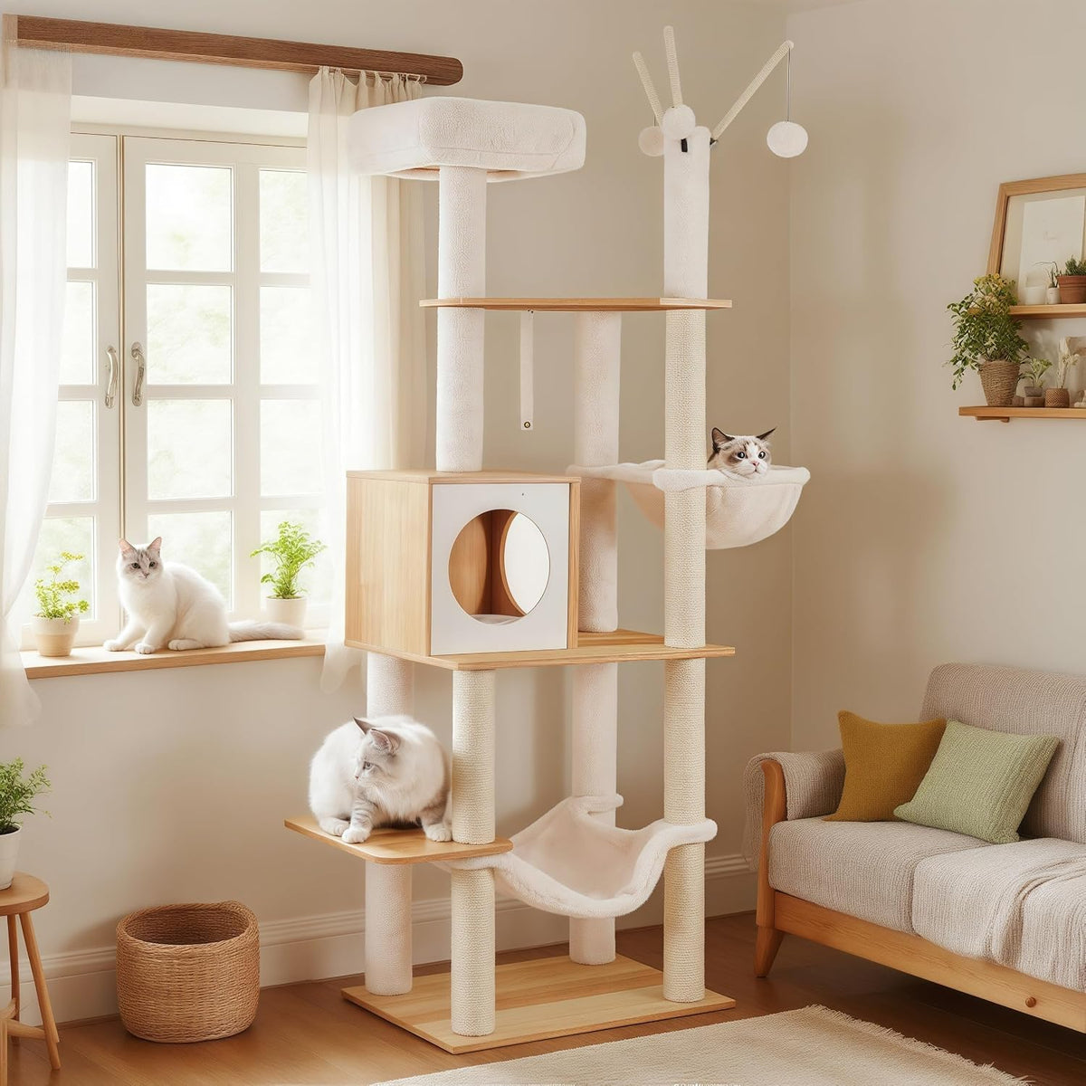 Hey-brother Wooden Cat Tree Tower with Rattan Condo - 21.7"×15.7"×66.1" / Walnut