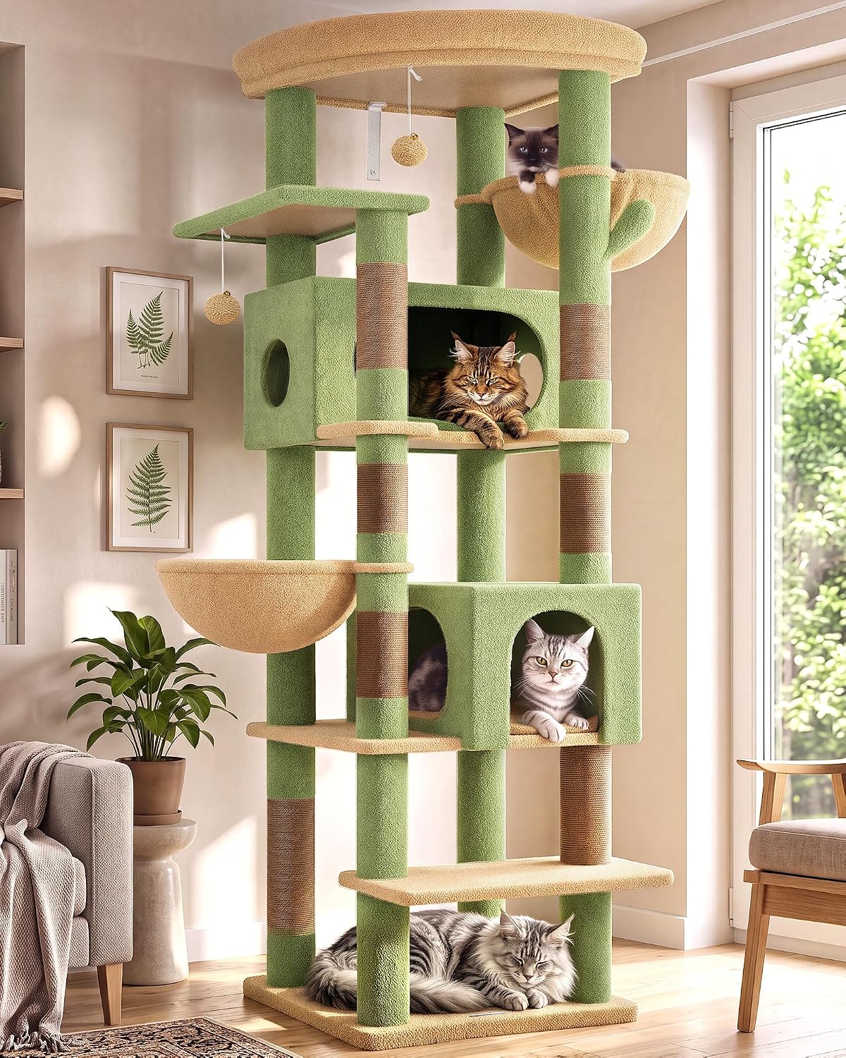 Globlazer 74in Heavy Duty Cat Tree Tower for Indoor Cats Large Adult - Cactus Green / 74inch