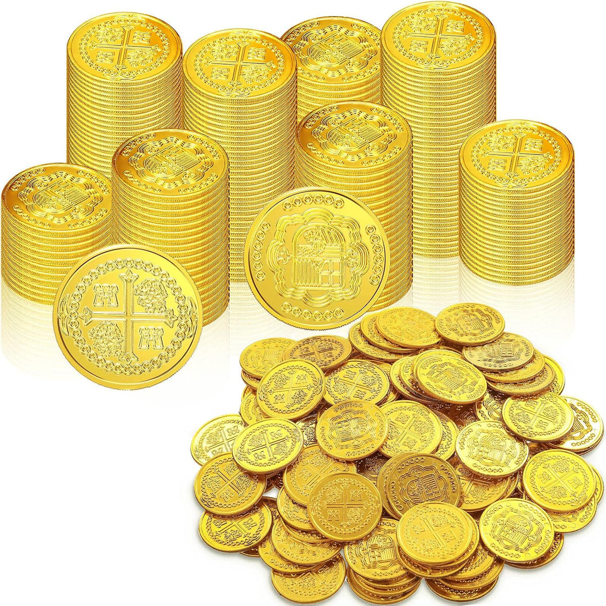 Chivao plastic gold coins, 300 shiny embossed pirate treasure coins - view 2
