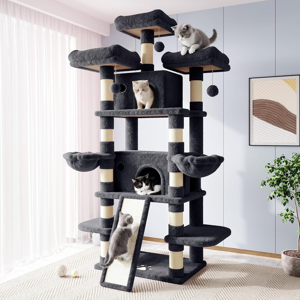 Allewie 68 Inches Cat Tree/House and Towers for Big Feline/Scratching - 82 in / Smoky Grey