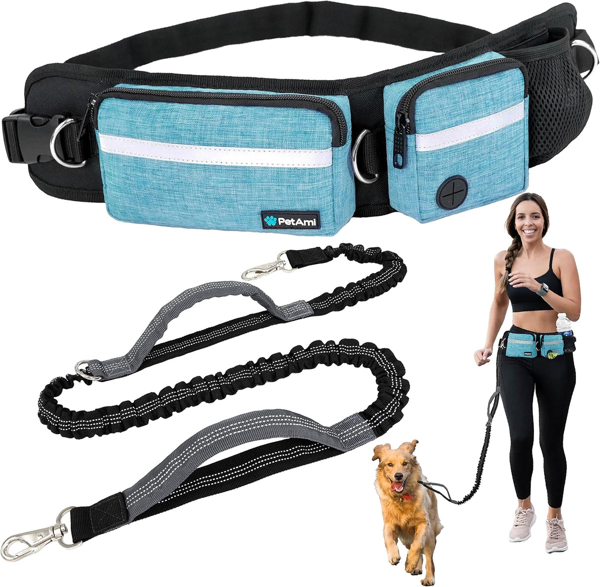 PetAmi Hands Free Dog Leash with Waist Running Belt Bag, Single – Essentials for Dogs - 1 Leash / Turquoise