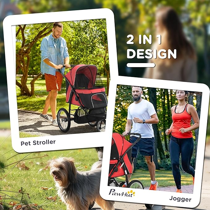 PawHut 3 Wheels Pet Stroller for Small and Medium Dogs, Foldable Cat Stroller Jogger with Adjustable Canopy, Safety Tether, Cushion, Storage Basket, Red