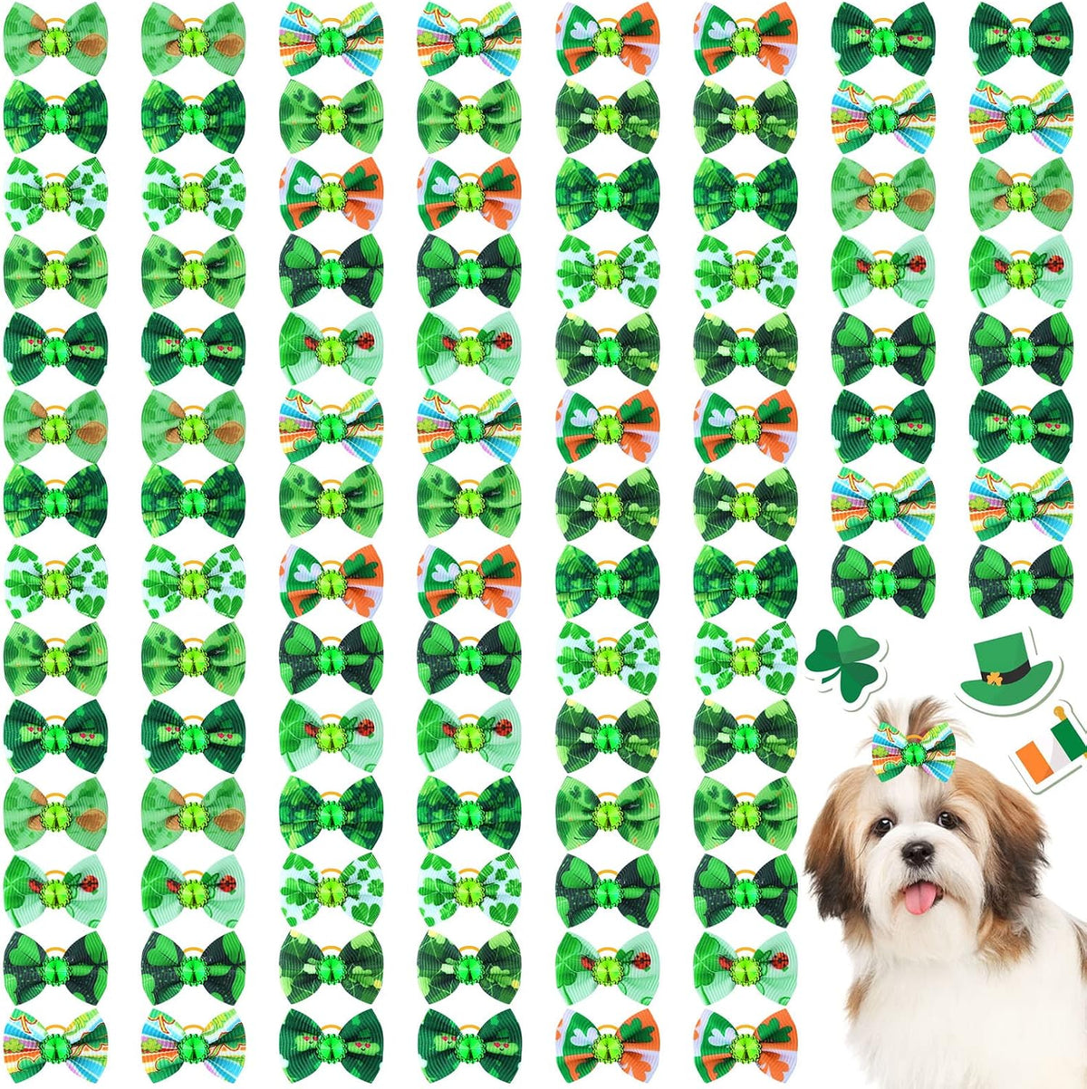 Tondiamo 100 Pack Halloween Dog Hair Bows Ghost Pattern Rubber Bands – Essentials for Dogs - Shamrock Pattern
