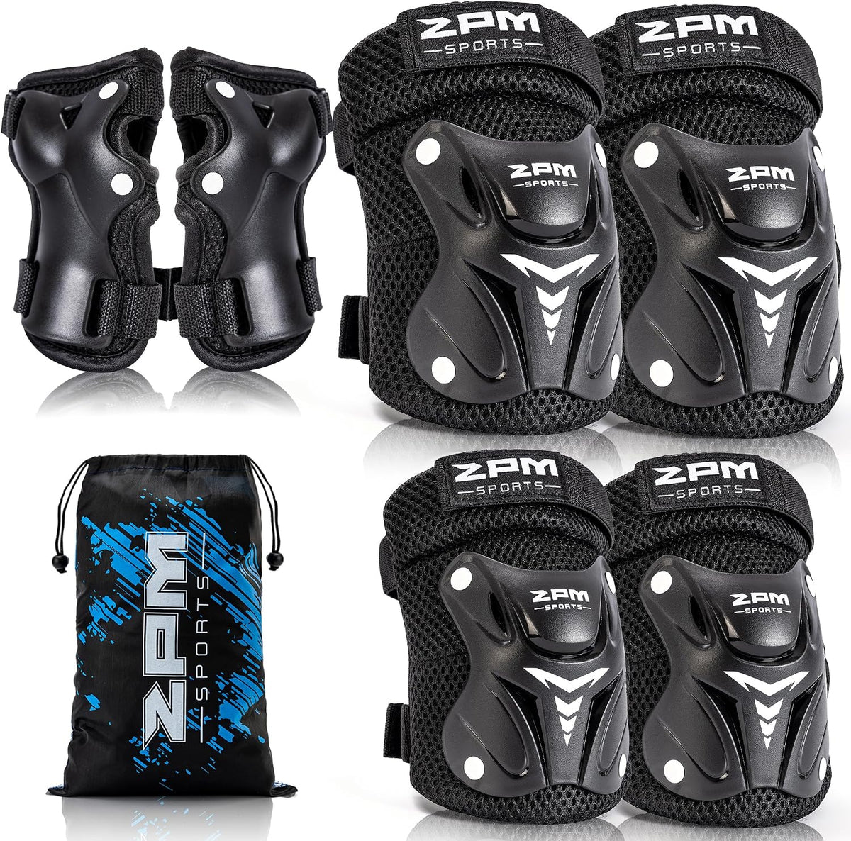 2PM SPORTS Knee and Elbow Pads Set with Wrist Guards for Kids Girls - Black / Medium