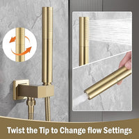 12 Inch Rain Shower System, Brushed Gold Shower Faucet Set with Push Button Diverter, 6 Inch Wall Mounted 3-Functions Bathroom Shower Systems with Dual-Function Handheld