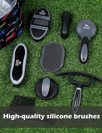 Harrison Howard Horse Grooming Kit 11-Piece Equine Care Series Horse Brush Sets with Organizer Tote Bag Tack Room Supplies Shedding Grooming Massaging Tools Black Brushstroke Ponies