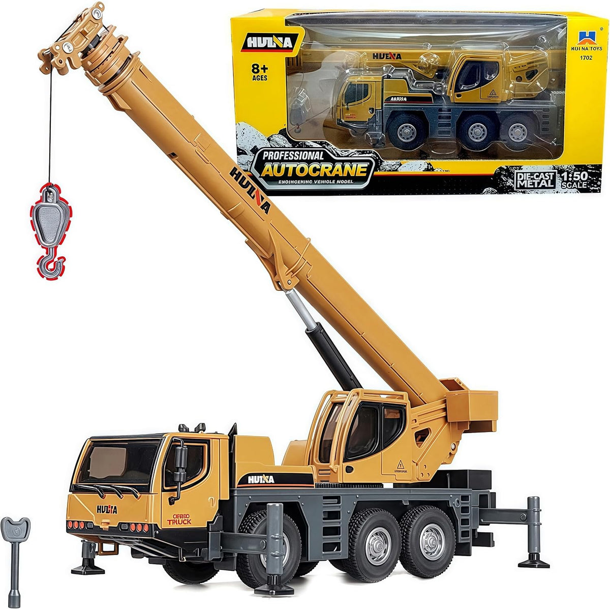 Gemini&Genius 1/50 scale die-cast crane truck toy with rotating cab and raised boom
