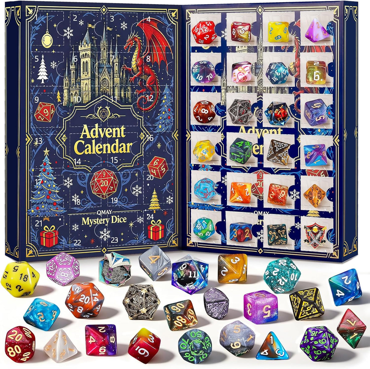 QMAY Mystery Dice Set – 7 Pcs Acrylic Polyhedral Dice + 1 Pcs Velvet Bag – Fun for Kids & Family - 24 Grids Mystery Dice Gift Box