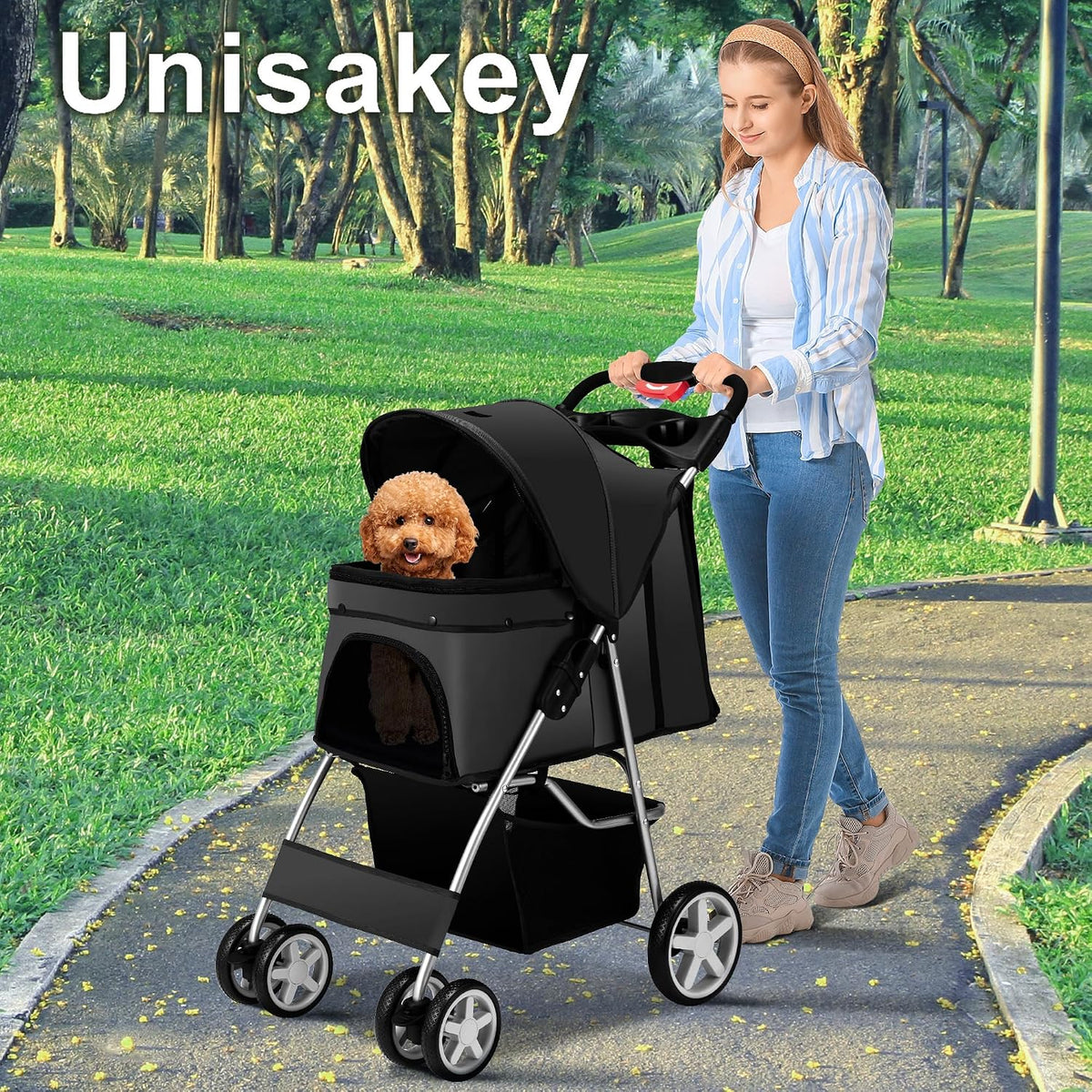 Unisakey Foldable 4-Wheel Pet Stroller for Dogs Cats 10-33lbs - Black - image 3