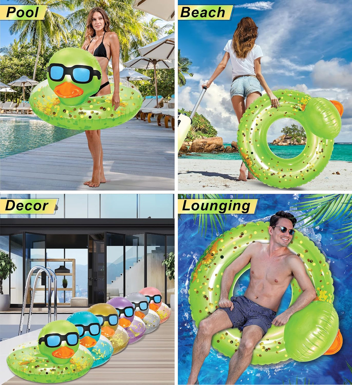 POZA inflatable duck pool float tube with gold confetti, sunglasses and orange beak - view 14