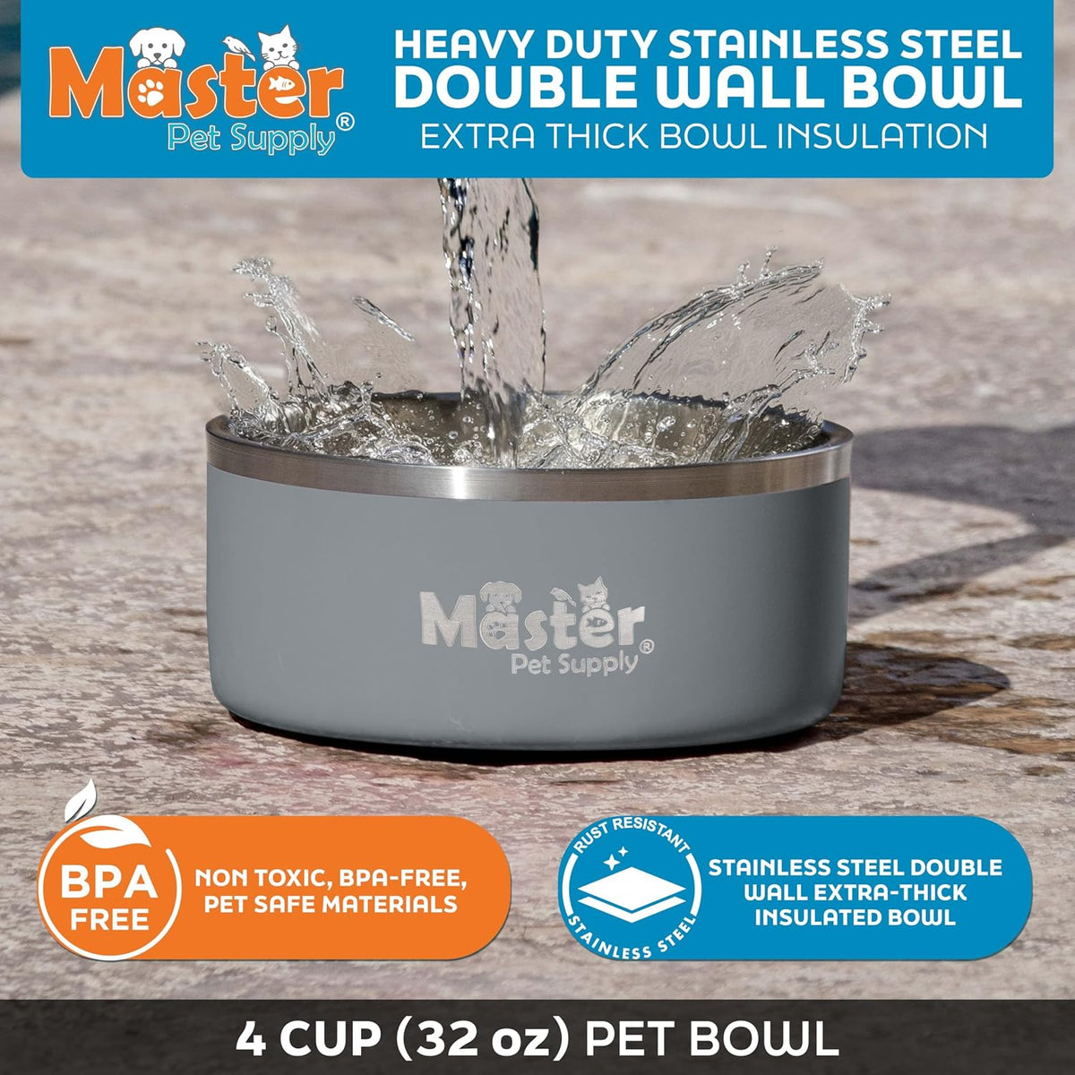 Master Pet Supply Stainless Steel Dog Bowls 128 oz Heavy Duty Aqua Sky – Essentials for Dogs - Graphite / 4 Cups (32 oz) - image 2