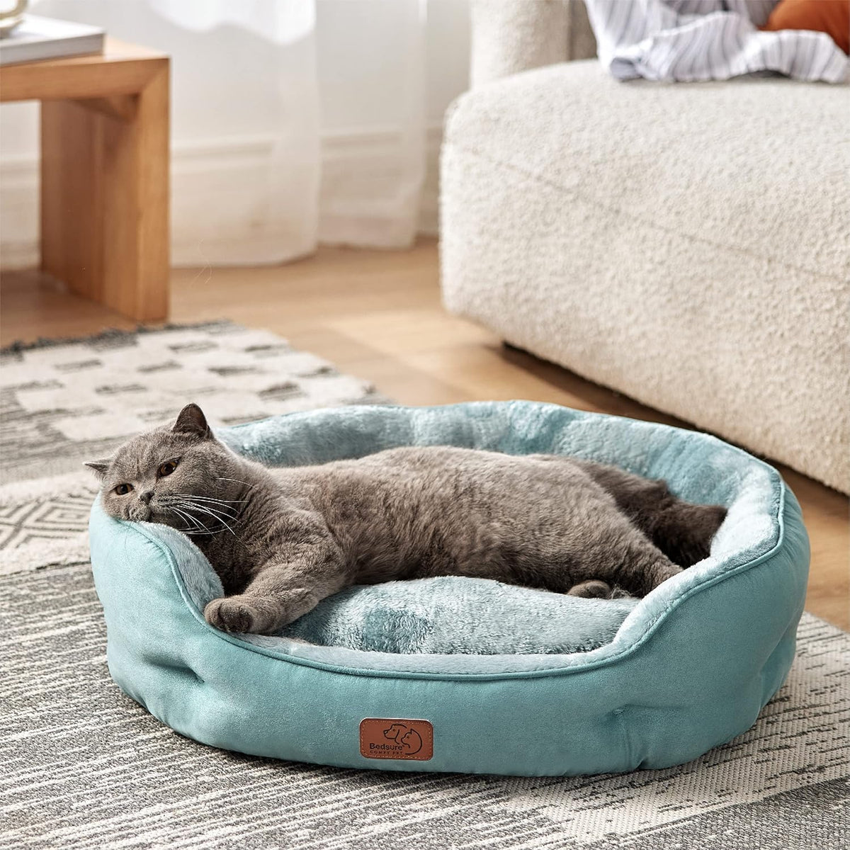 Bedsure Small Dog Bed Washable, Round Cat Beds for Indoor Cats - 25"L x 21"W x 8"Th / Washed Blue - image 2