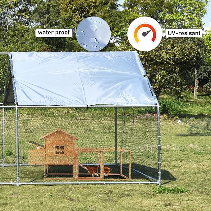 1.26'' Large Metal Chicken Coop Run Walk in, Chicken Runs for Yard with Cover, Chicken Pens Outdoor, Spire Roofed Outside Dog Kennel with Roof (9.8’Lx13.1’Wx6.4’H)