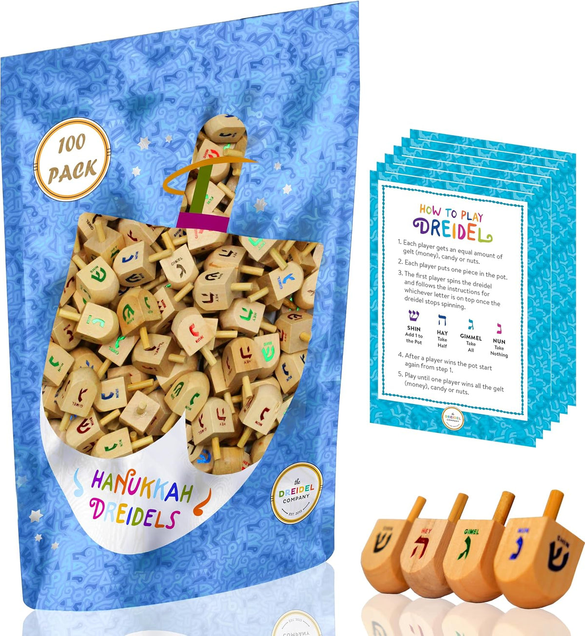 10-Pack Natural Wood Dreidels Hanukkah Draydel with English - 200-Pack
