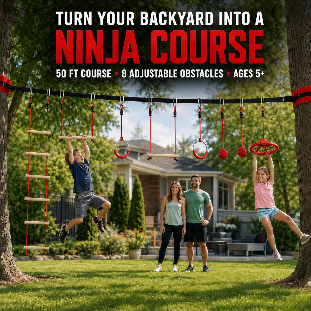 Ninja Warrior Obstacle Course Kids Outside - Red / 50ft Single Line Kit – 8 Obstacles - image 2