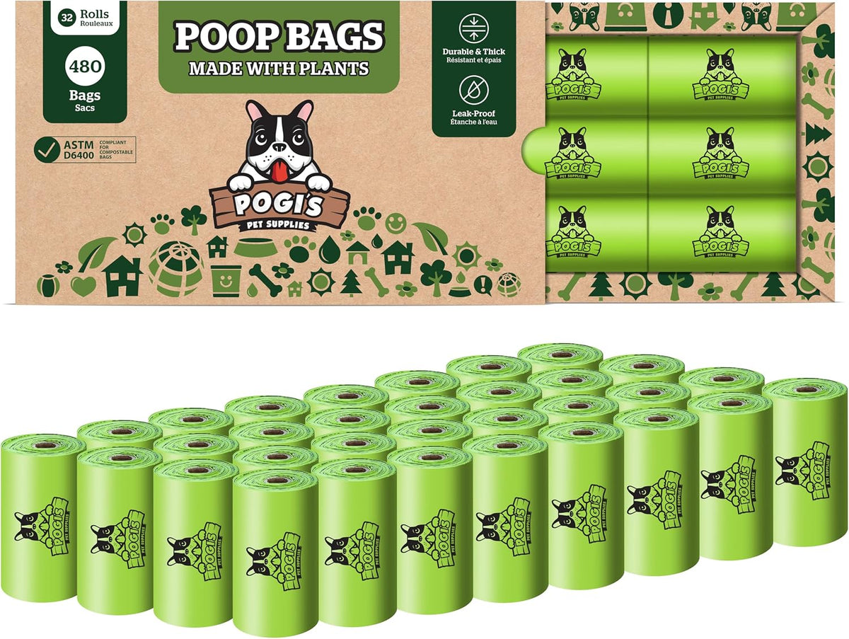 Pogi's Compostable Dog Poop Bags, Leak-Proof, 18 Rolls - 480 Count (Pack of 1) / Unscented