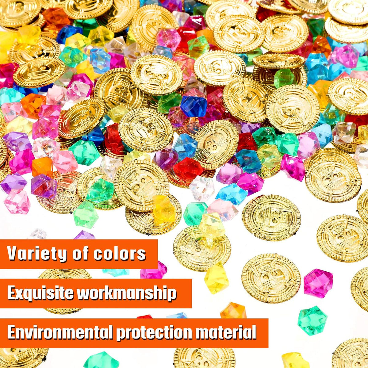 Skylety 200 piece pirate treasure set with gold plastic coins and colorful gems - view 3