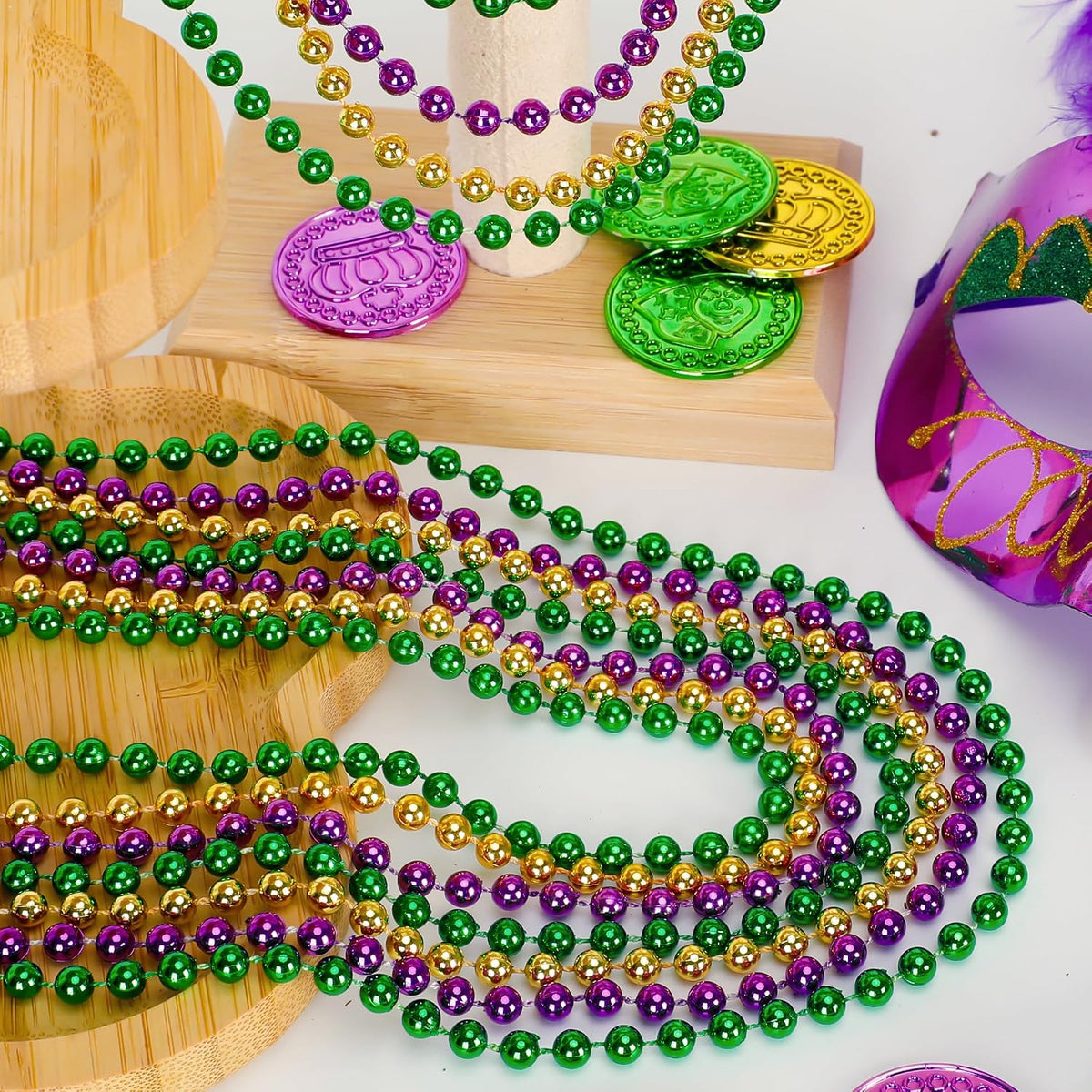 100PCS Bead Necklace, Gold Mardi Gras Beads Party Stuff - Purple Gold and Green - image 4