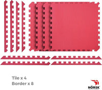 Norsk Reversible Gym Exercise Mats 3/4" Thick EVA Interlocking Foam Tiles, Perfect Home Gym Flooring, 16 24"x24" Tiles & 32 Trim Pieces, 64 Sq. Ft. Reversible, Red/Black