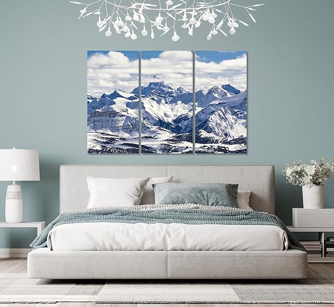 Nature Wall Art Prints - Ocean Forest Mountain Lake Canvas Landscapes - Small to Extra Large Living Room Bedroom Kitchen Bathroom Décor (Snowy Mountains Landscape, 35L" x 53W" - 3 Panels)