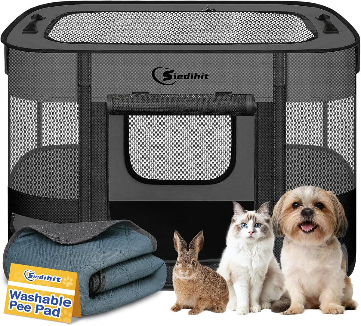 Siedihit 31" Dog Playpen, Cat Puppy Pen - Small / Dark Grey with Pad