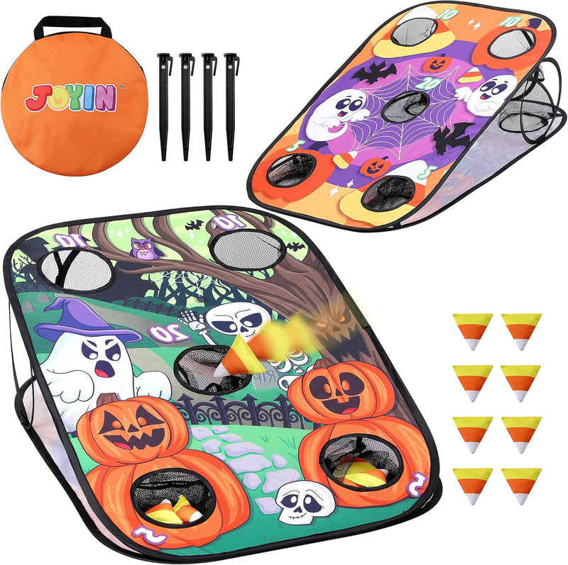 JOYIN Halloween bean bag toss game board with 8 bean bags, 4 stakes and tote bag