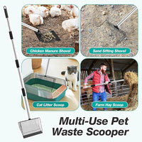 Adjustable Chicken Poop Scooper, Heavy Duty Stainless Steel Chicken Rake with 3-Slot Pole, Multi-Use Pet Waste Shovel & Hay Scooper - 36"/50"/64" Length