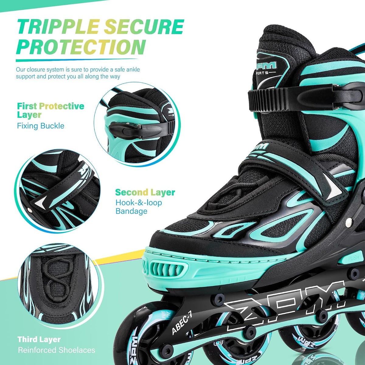 2PM SPORTS Adjustable Inline Skates for Kids, Youth and Adults - Mint / Large - Youth (4.5-8 US) - image 3