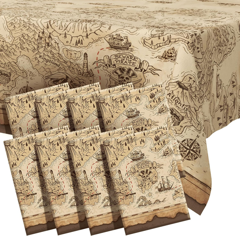 FUN RACCOON pirate party tablecloth with vintage treasure map and pirate ships print
