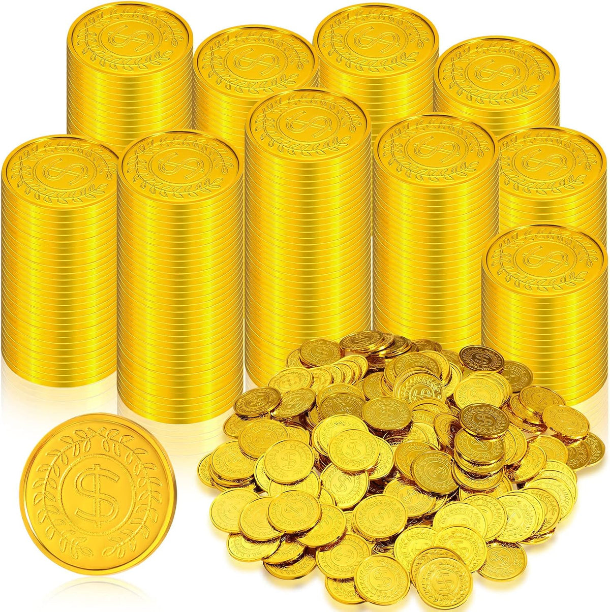 Hanaive plastic pirate gold coins in a pile, 1.38 inch coins with dollar sign design - view 2