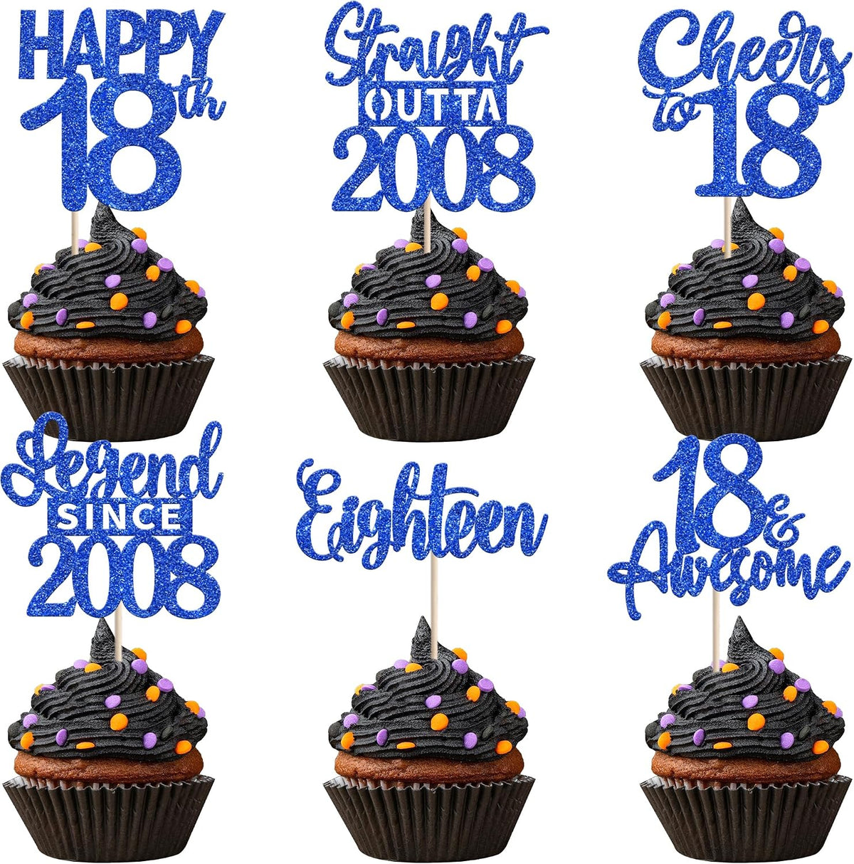 24PCS Black Happy 50th Birthday Cupcake Toppers Fifty Straight Outta - Blue / 18th