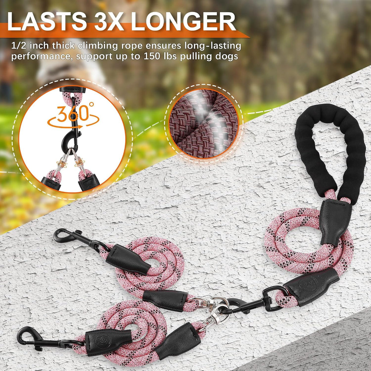 Double Dog Leash, No Tangle, Detachable360° Swivel - Pink / S (8-45 lbs) - image 2