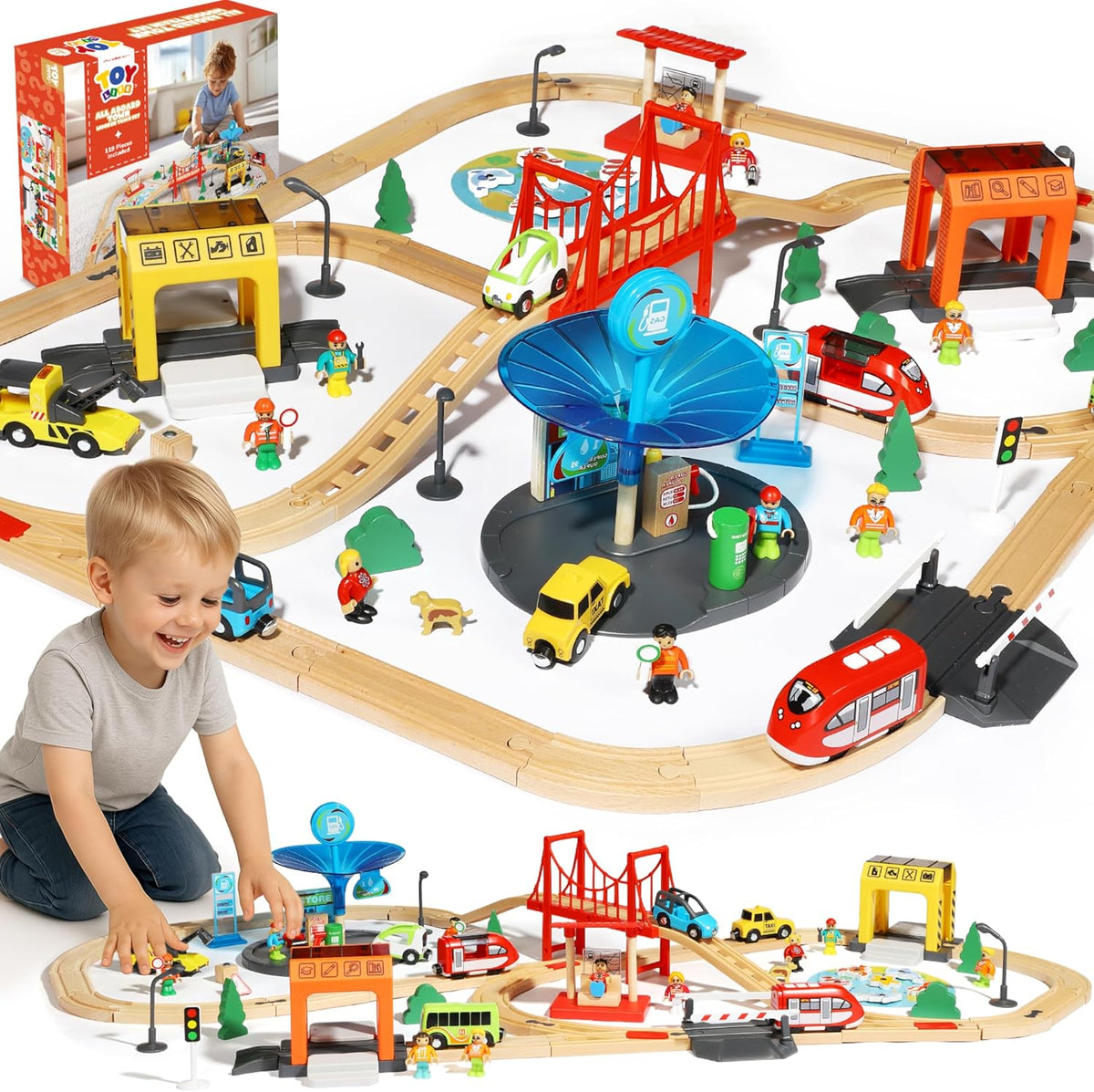 TOY Life Wooden Train Set with Crane, 60-Pc Track, Boys 3-8 – Fun for Kids & Family - 119 PCS