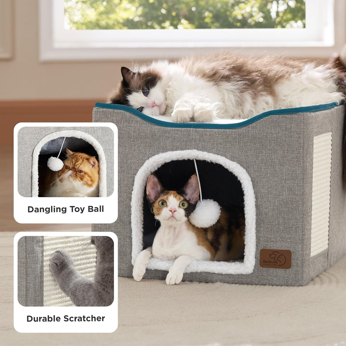 Bedsure Cat House Bed for Indoor Cats with Fluffy Ball and Scratch Pad - Blue / Single - image 3