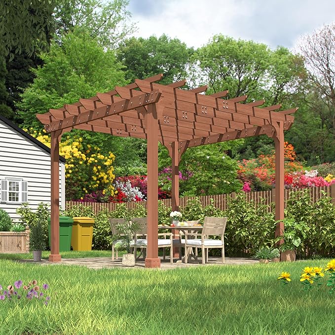 MUPATER 12×12 FT Outdoor Pergola with Roof, Wooden Pergola Kit with Stakes, Wood Garden Shelter Structure for Climbing Plant, Snow and Wind Supported, Shade for Patio, Backyard, Deck