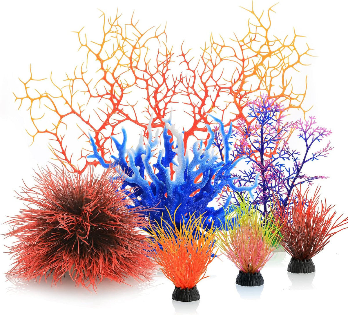 MyLifeUNIT set of 7 artificial coral and plant aquarium ornaments with ceramic bases