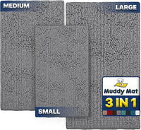 Muddy Mat® Pack of 3 Highly Absorbent Microfiber Dog Door Mat and Pet Rug, Non Slip Thick Washable Area Mat Soft Chenille for Kitchen Bathroom Bedroom and Outdoor - Grey Small, Medium & Large