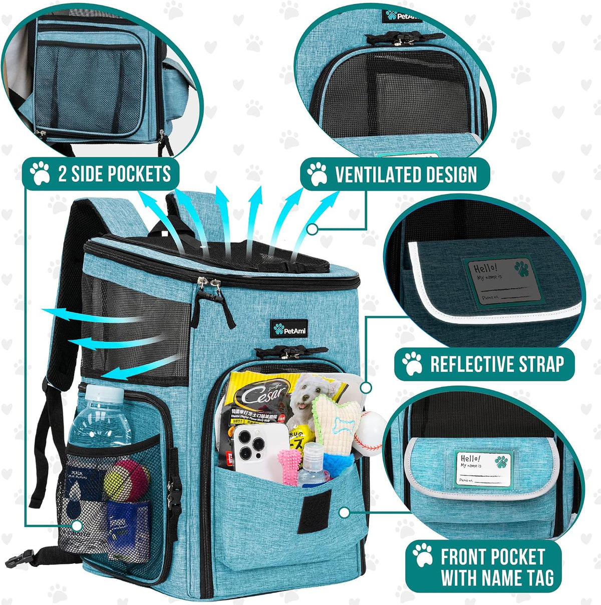 PetAmi Dog Backpack Carrier - Turquoise / 12.5"L x 12.0"W x 16.5"H - image 4