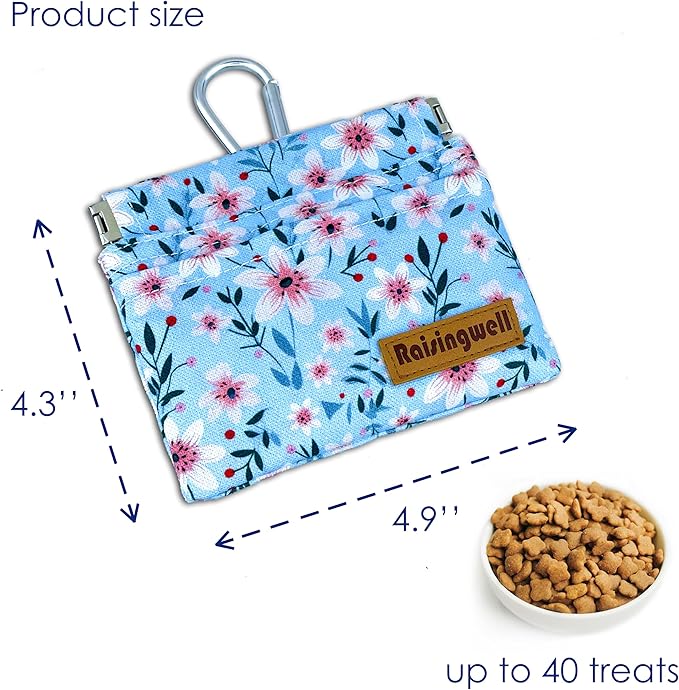 Dog Treat Pouch, Small Cotton Pocket Sized Training Holder, Hand Free Walking Fanny Bag with Carabiner, Self-Closing Pet Feed Snack Reward, Behavior Aids for Puppy Travel or Outdoor Use