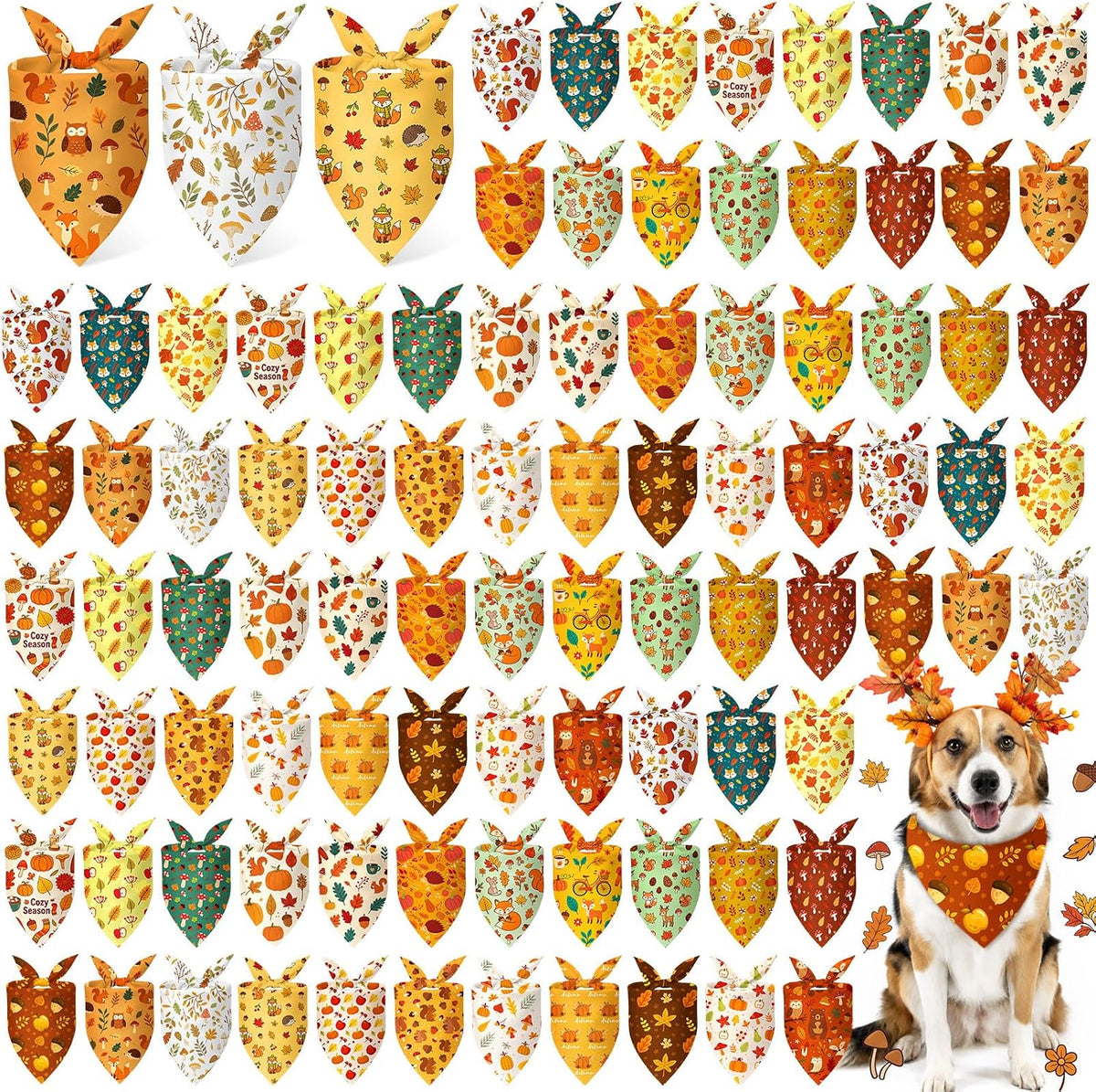 Abbylike 100 Pcs Fall Thanksgiving Dog Bandanas Bulk - Woodland Autumn / 25.6 x 17.7 x 17.7 Inch