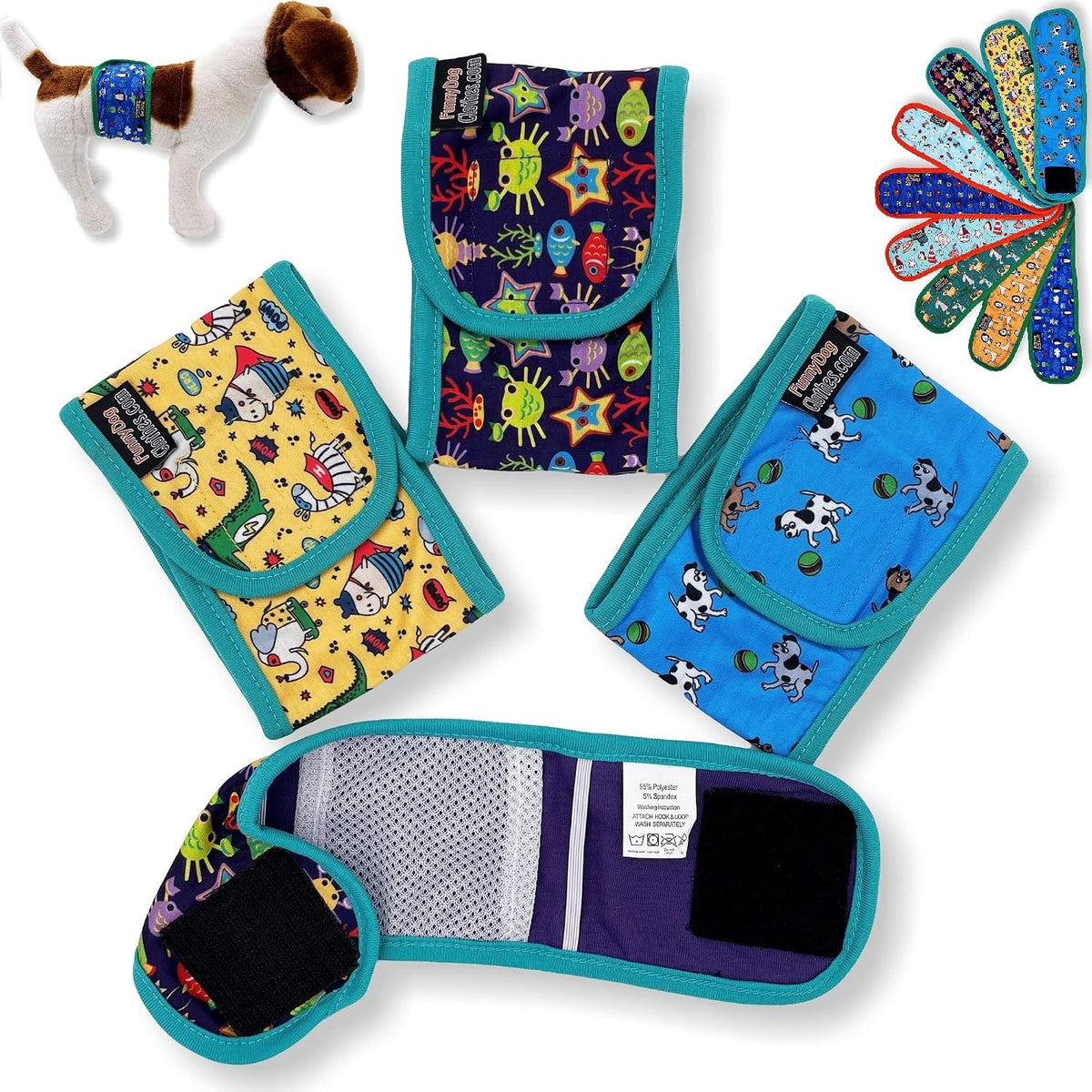 Pack of 3 Dog Belly Band Puppy Diapers Male Boy Belly Wrap Reusable - L: Waist 15" - 17" / Pack of 3 - Teal Trim