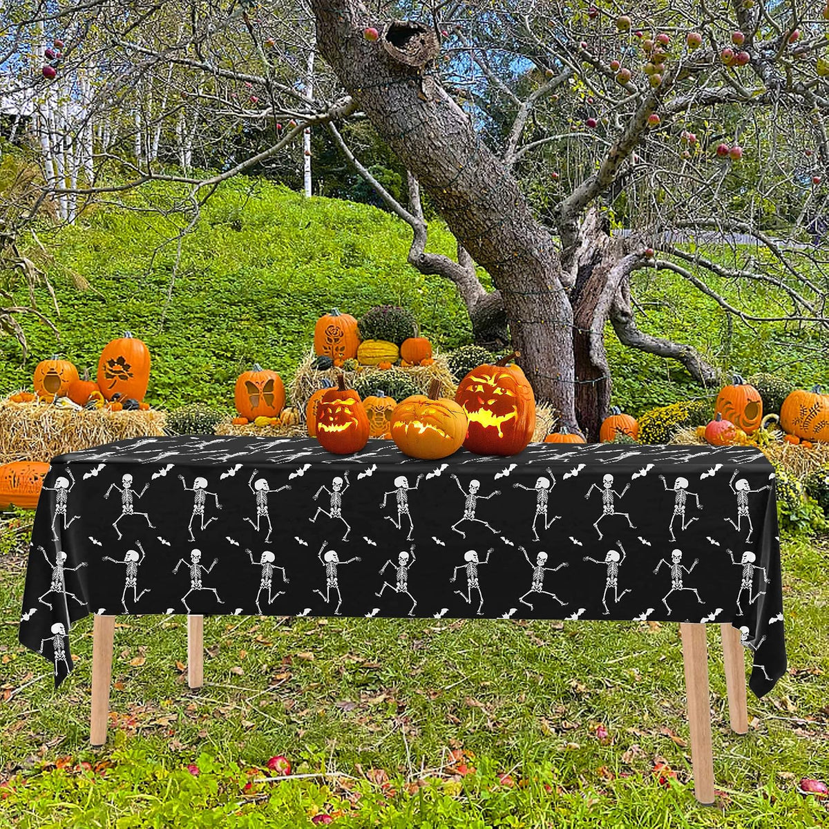 Iceyyyy Halloween skeleton tablecloth, black plastic table cover with skeleton print - view 16