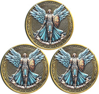 Archangel Michael challenge coin with Psalm 91:10-11 inscription in a clear case