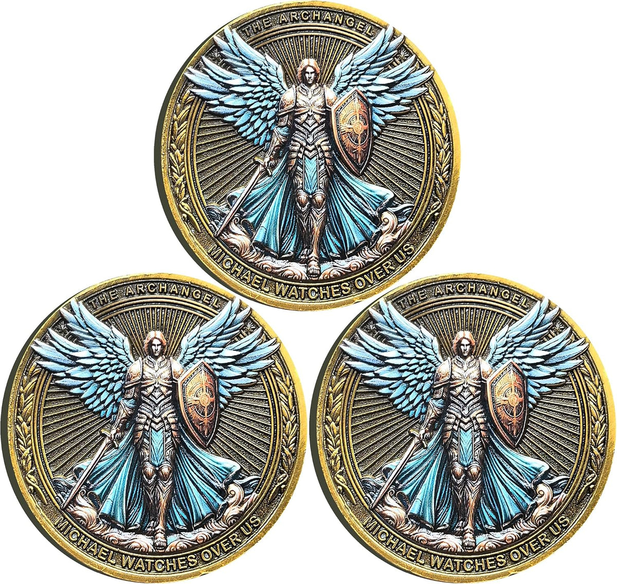 Archangel Michael challenge coin with Psalm 91:10-11 inscription in a clear case