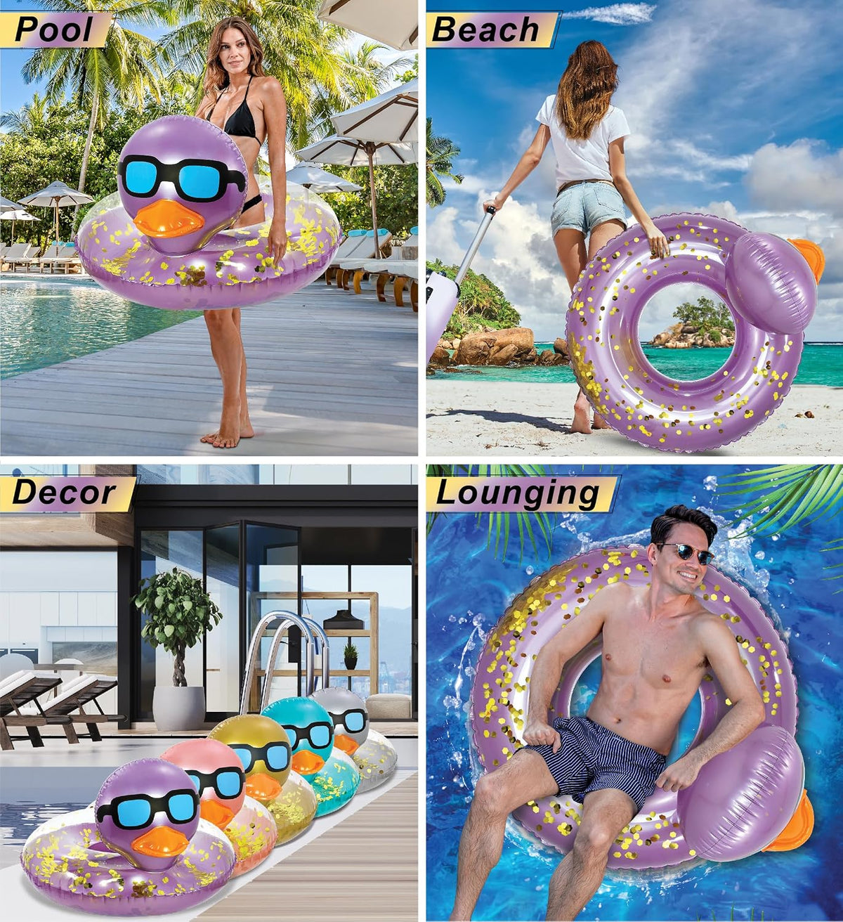 POZA inflatable duck pool float tube with gold confetti, sunglasses and orange beak - view 20