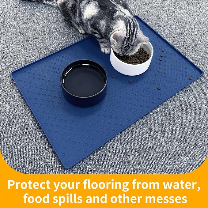 Ptlom Silicone Pet Placemat for Dog and Cat, Waterproof Non-Slip Pet Feeding Bowl Mats for Food and Water, Small Medium Large Tray Mat Prevent Residues from Spilling to Floor, Navy Blue, 18" 12"